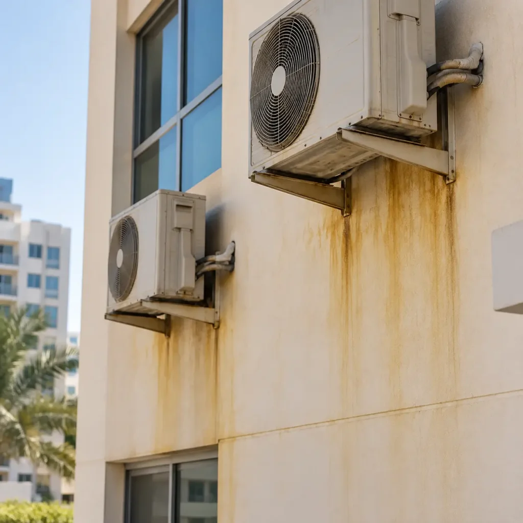 Yellow condensate stains running down a building facade below air conditioner units in Dubai