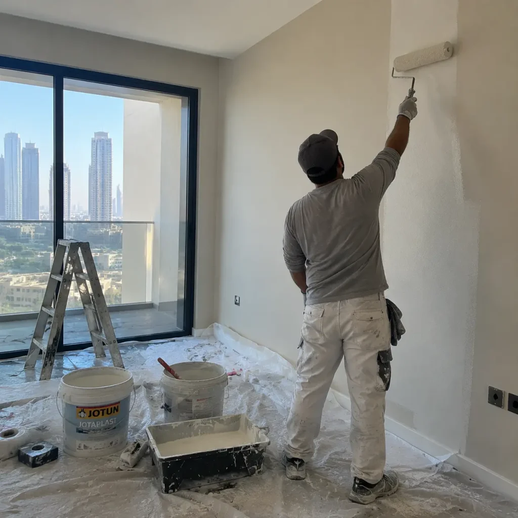 Professional painting contractor working on an interior wall in a modern Dubai apartment