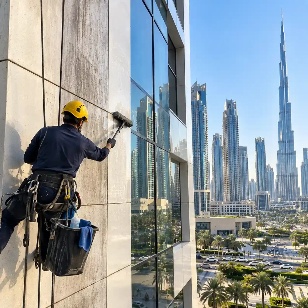 Rope access cleaner maintaining a commercial building facade in Dubai