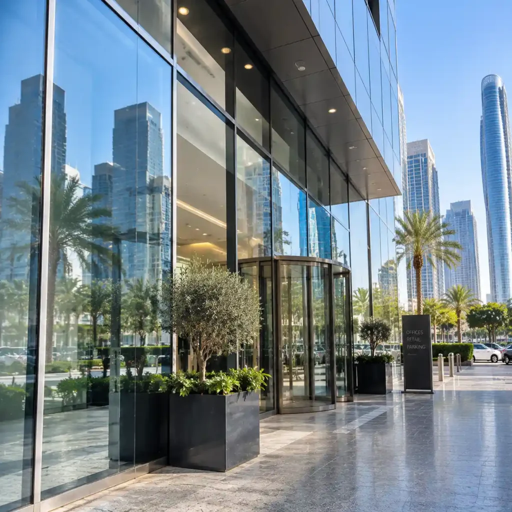 Clean glass exterior of a modern commercial building improving business environment