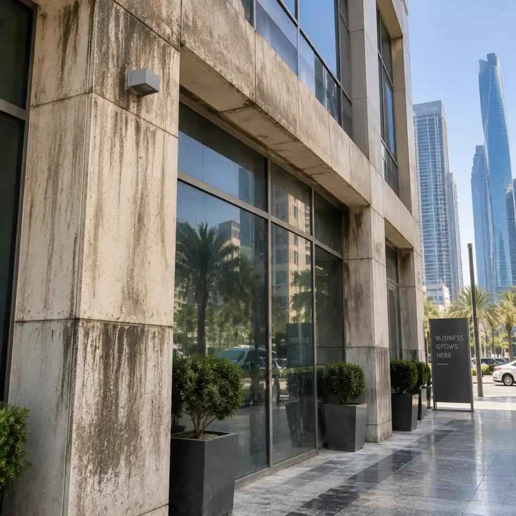 Dirty commercial building facade showing the impact of poor exterior cleaning on property appearance