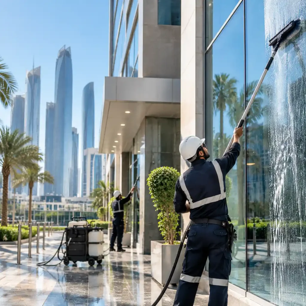 Professional exterior cleaning of a modern commercial building showing how cleanliness improves property appearance and value
