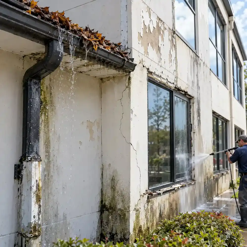 Exterior maintenance mistakes causing water damage, cracks, and deterioration on a building facade