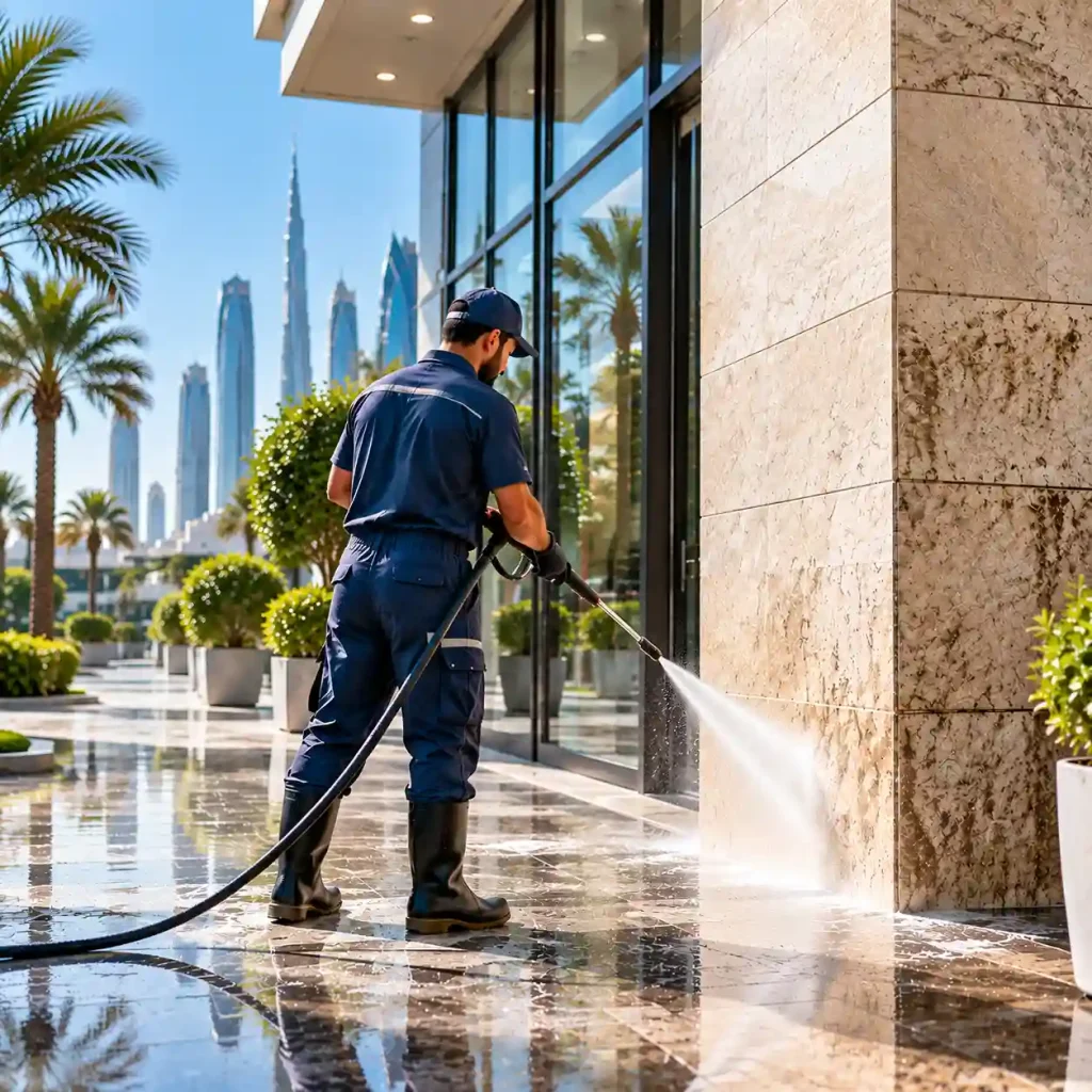 Professional building cleaning method protecting stone and exterior materials