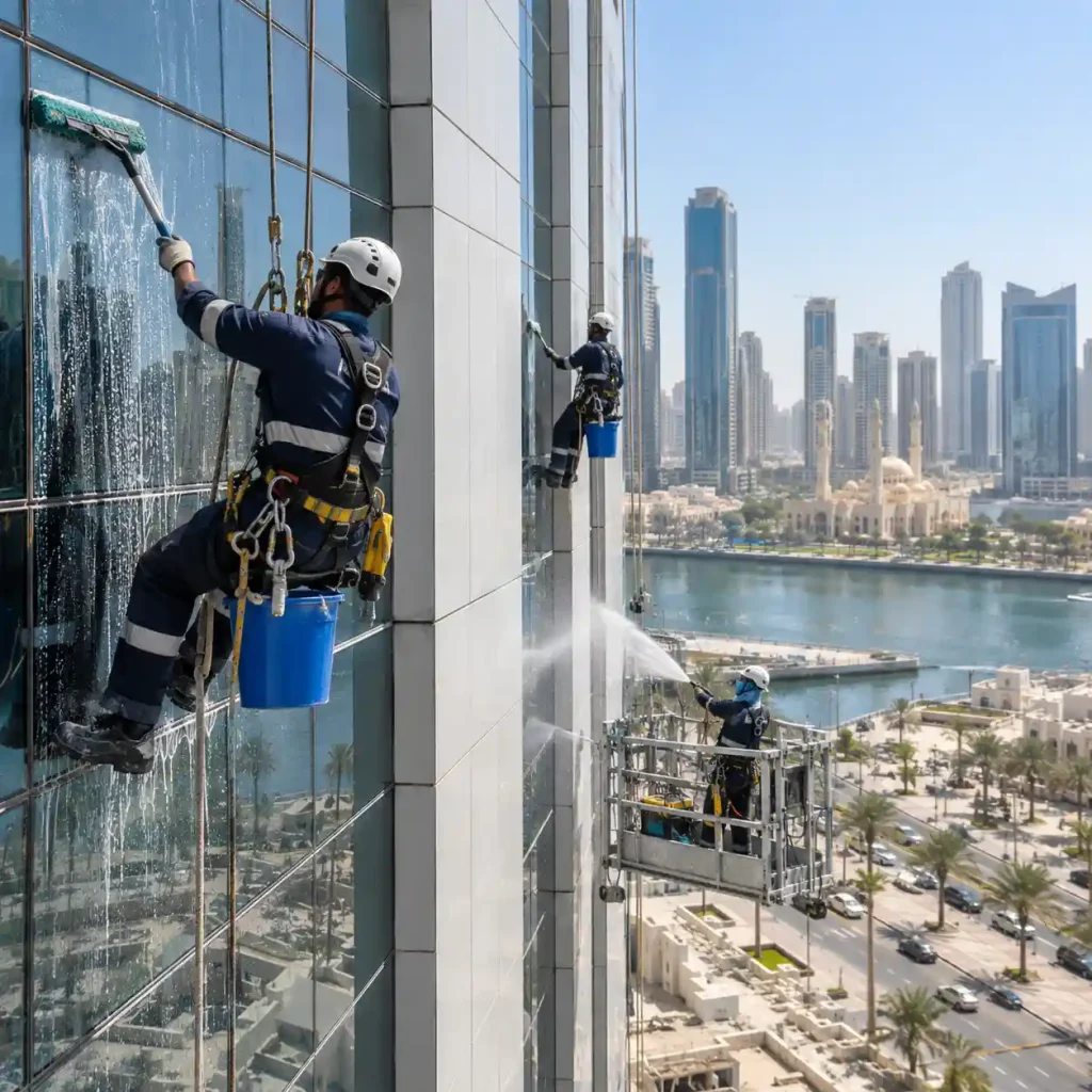 Professional facade cleaning workers maintaining a high-rise building in Sharjah