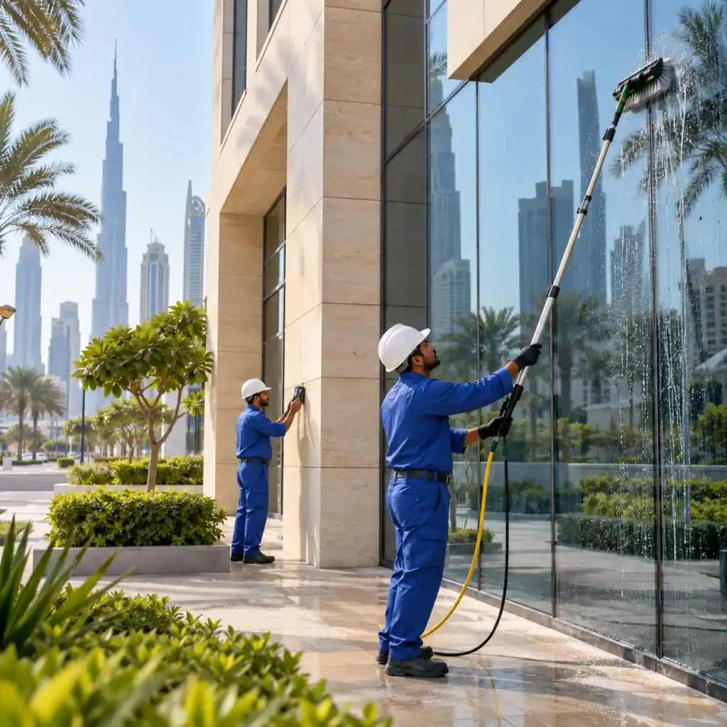 Workers in blue uniforms cleaning exterior windows and inspecting a building facade in Dubai