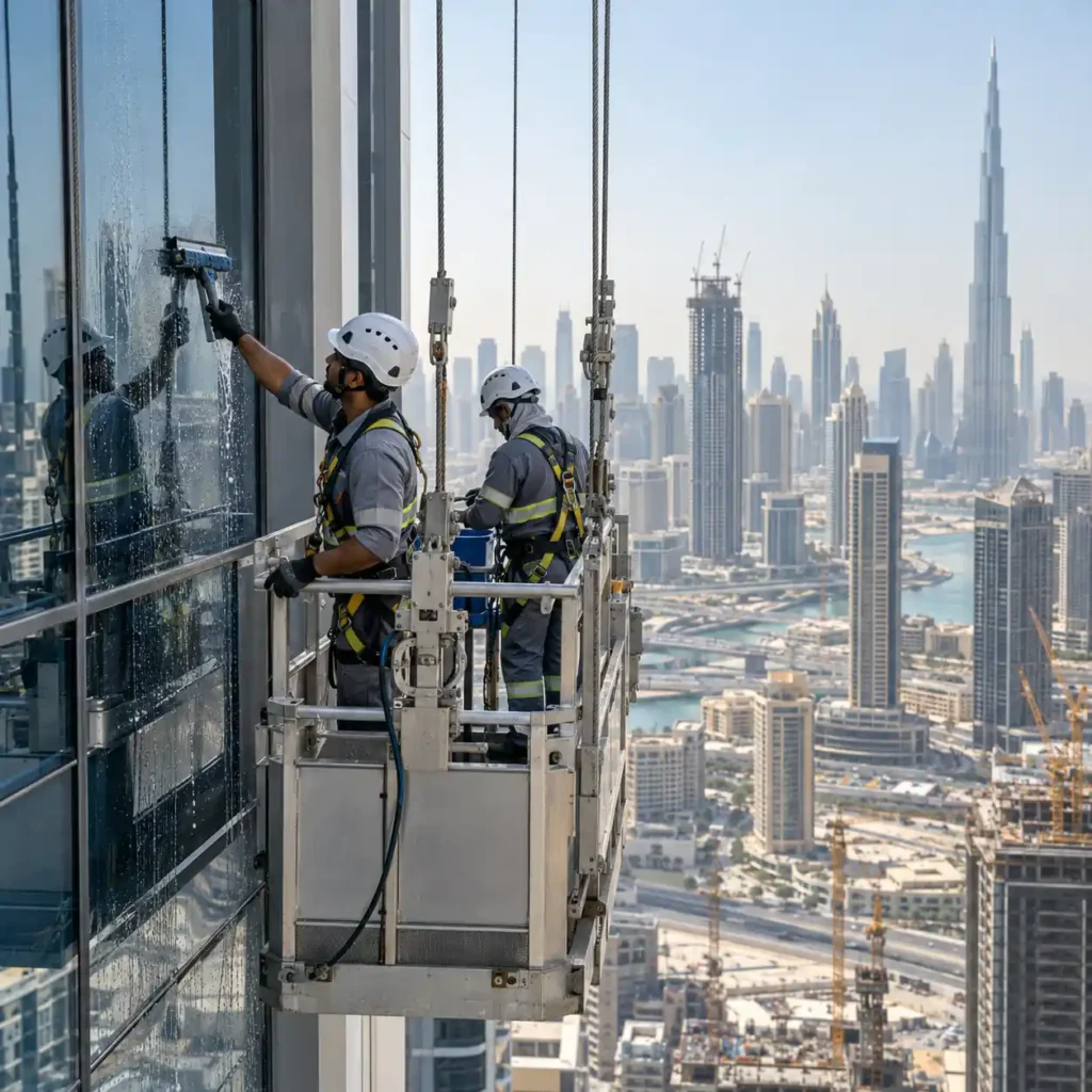 Professional cleaners washing a high-rise glass facade with Dubai’s skyline and construction projects in the background.