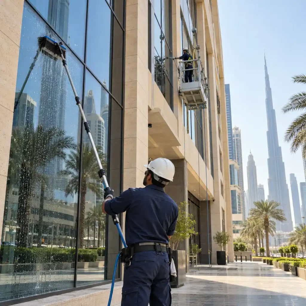 Workers cleaning a glass building facade in Dubai with the Burj Khalifa in the background