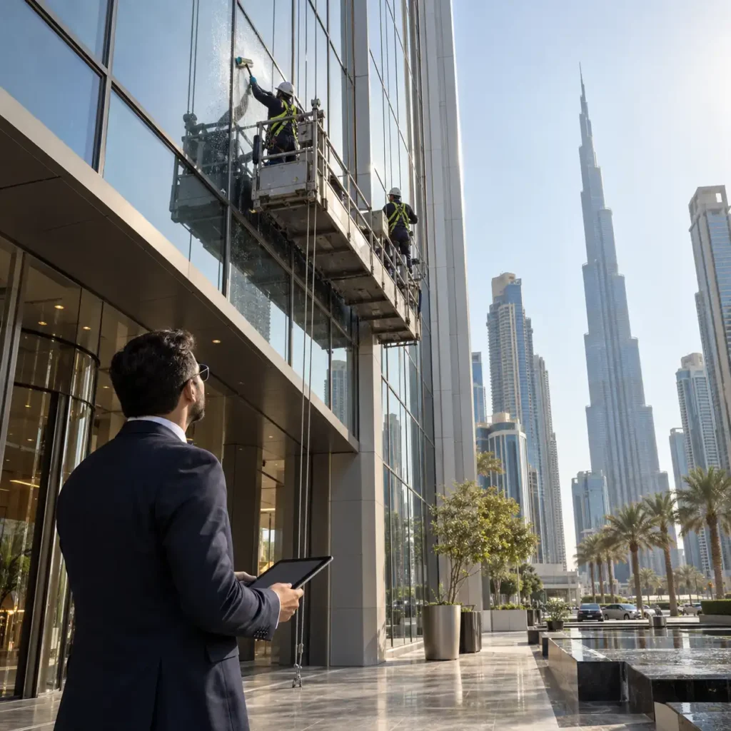 Dubai property manager inspecting a glass building facade while technicians clean windows from a suspended platform.