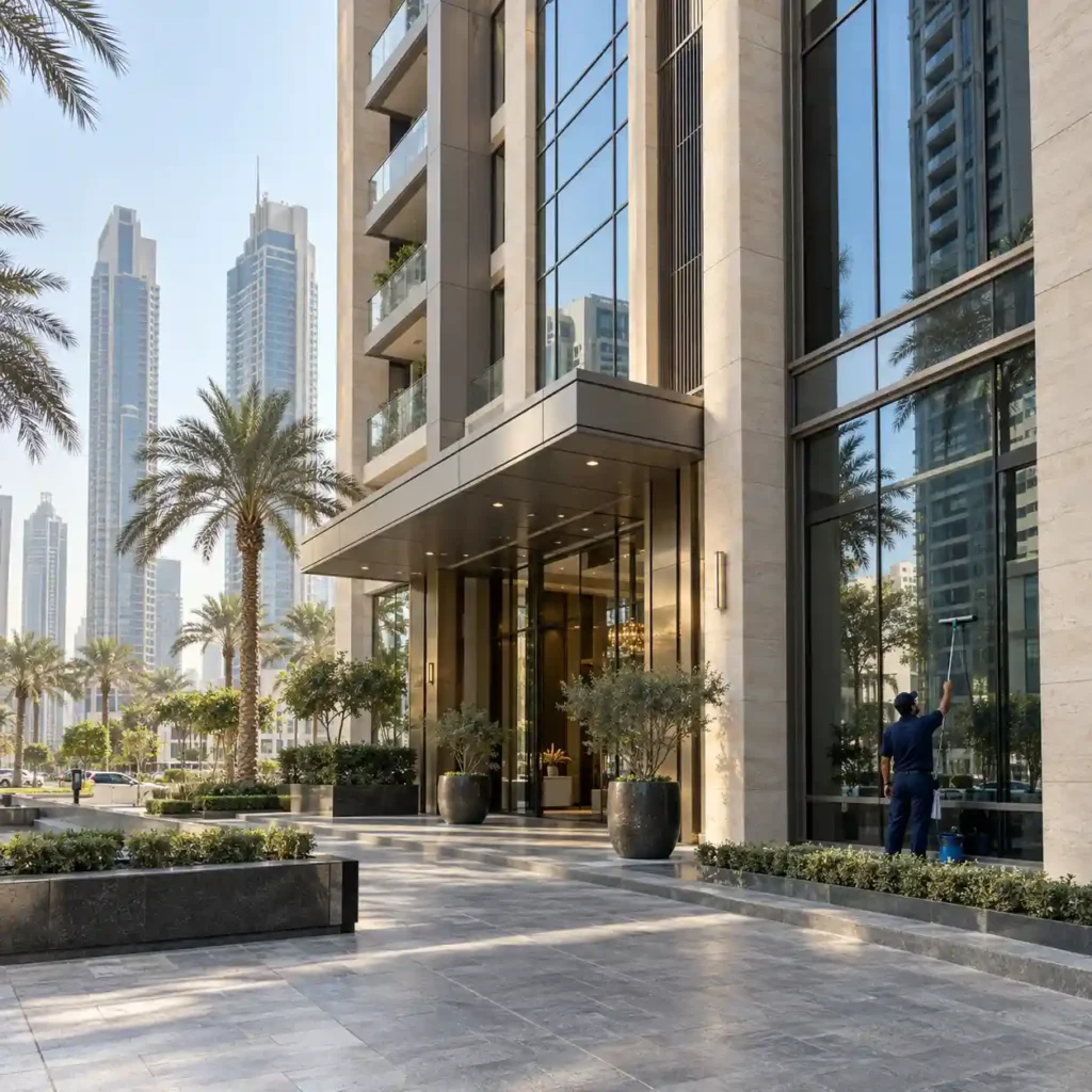 Premium Dubai building with a glass and stone facade, landscaped entrance, and a worker cleaning exterior windows.
